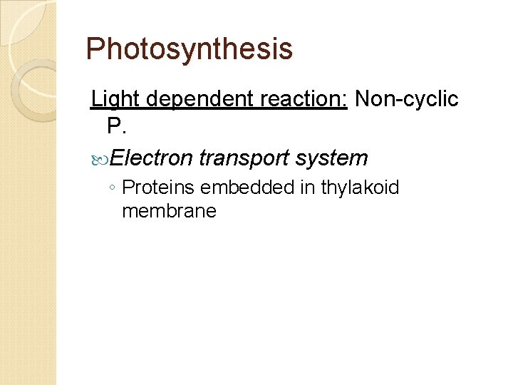 Photosynthesis Light dependent reaction: Non-cyclic P. Electron transport system ◦ Proteins embedded in thylakoid