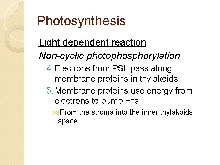Photosynthesis Light dependent reaction Non-cyclic photophosphorylation 4. Electrons from PSII pass along membrane proteins
