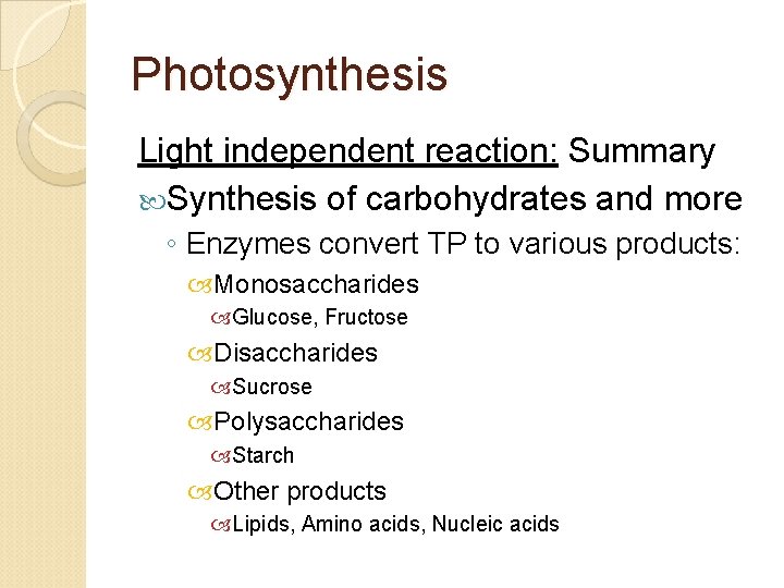 Photosynthesis Light independent reaction: Summary Synthesis of carbohydrates and more ◦ Enzymes convert TP