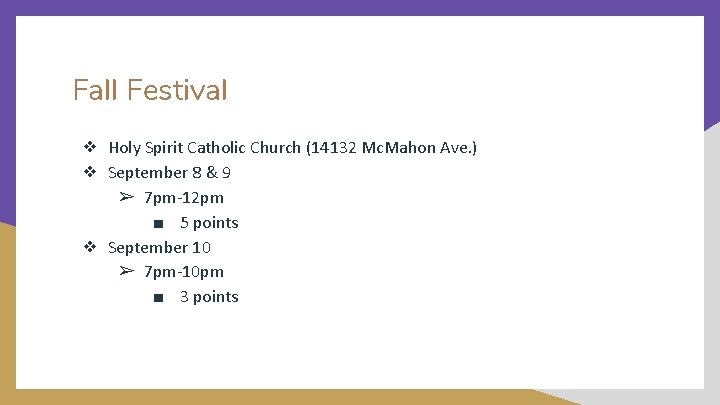 Fall Festival ❖ Holy Spirit Catholic Church (14132 Mc. Mahon Ave. ) ❖ September