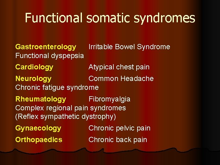 Functional somatic syndromes Gastroenterology Irritable Bowel Syndrome Functional dyspepsia Cardiology Atypical chest pain Neurology
