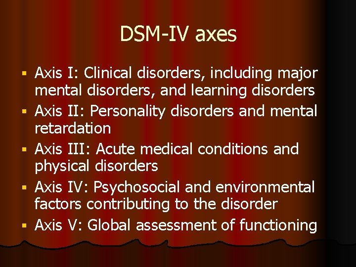DSM-IV axes Axis I: Clinical disorders, including major mental disorders, and learning disorders Axis