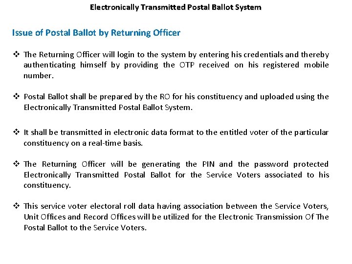 Electronically Transmitted Postal Ballot System Issue of Postal Ballot by Returning Officer v The