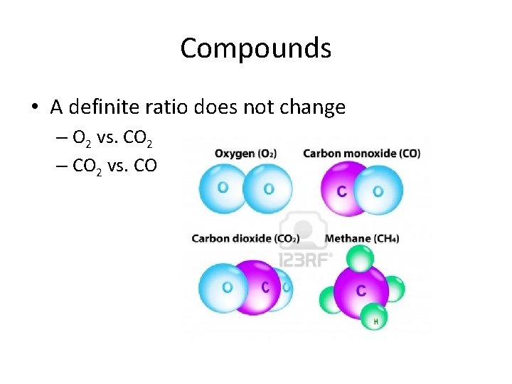 Compounds • A definite ratio does not change – O 2 vs. CO 2 Compounds • A definite ratio does not change – O 2 vs. CO 2
