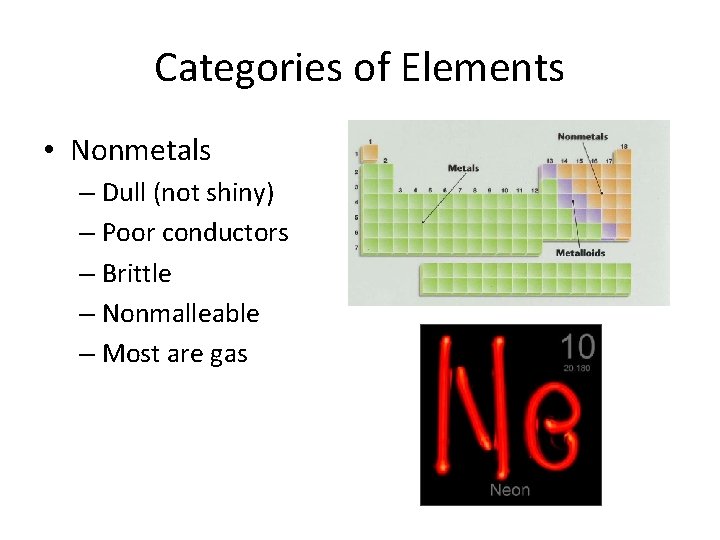 Categories of Elements • Nonmetals – Dull (not shiny) – Poor conductors – Brittle Categories of Elements • Nonmetals – Dull (not shiny) – Poor conductors – Brittle