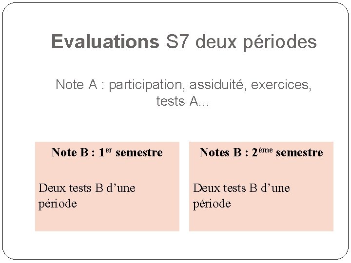 Evaluations S 7 deux périodes Note A : participation, assiduité, exercices, tests A… Note