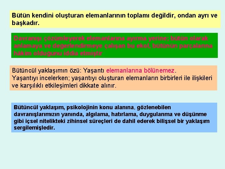 Bütün kendini oluşturan elemanlarının toplamı değildir, ondan ayrı ve başkadır. Davranışı çözümleyerek elemanlarına ayırma