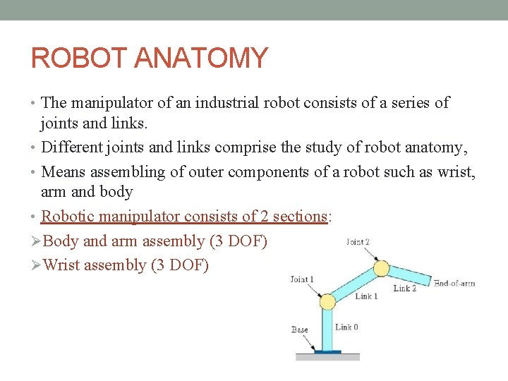 ROBOT ANATOMY • The manipulator of an industrial robot consists of a series of ROBOT ANATOMY • The manipulator of an industrial robot consists of a series of