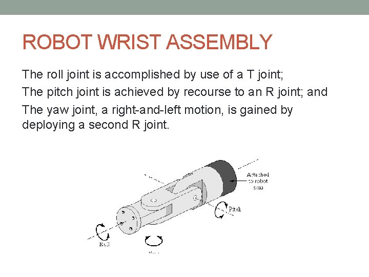 ROBOT WRIST ASSEMBLY The roll joint is accomplished by use of a T joint; ROBOT WRIST ASSEMBLY The roll joint is accomplished by use of a T joint;