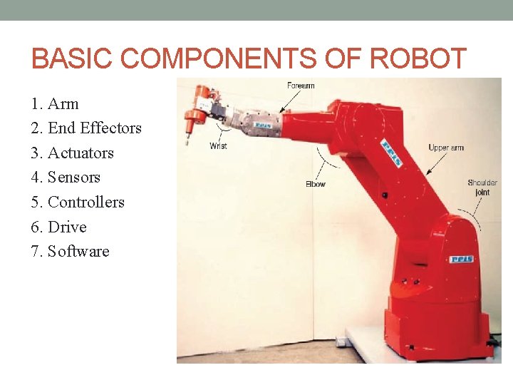 BASIC COMPONENTS OF ROBOT 1. Arm 2. End Effectors 3. Actuators 4. Sensors 5. BASIC COMPONENTS OF ROBOT 1. Arm 2. End Effectors 3. Actuators 4. Sensors 5.