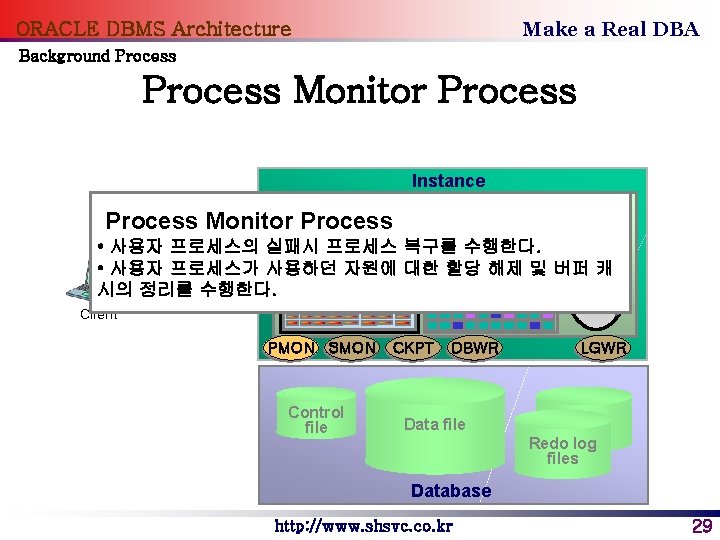 Make a Real DBA ORACLE DBMS Architecture Background Process Monitor Process Instance Shared Pool