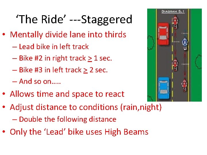 ‘The Ride’ ---Staggered • Mentally divide lane into thirds – Lead bike in left