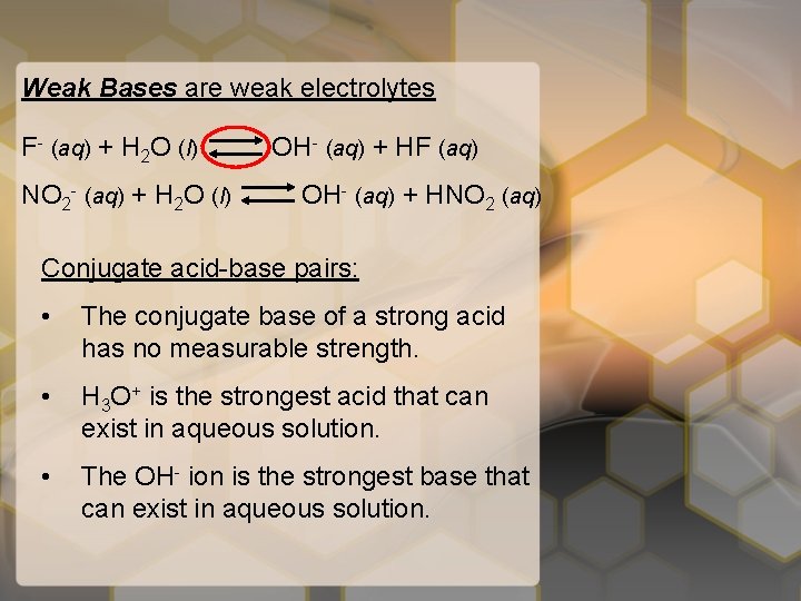 Weak Bases are weak electrolytes F- (aq) + H 2 O (l) NO 2