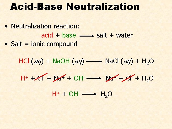 Acid-Base Neutralization • Neutralization reaction: acid + base • Salt = ionic compound salt