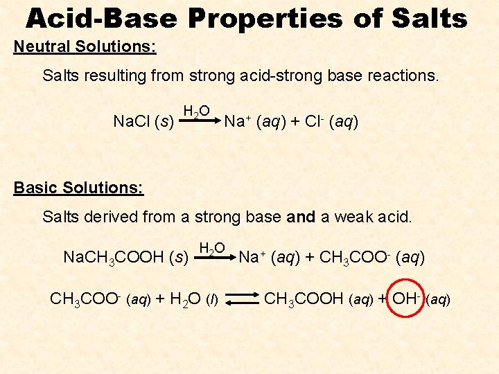 Acid-Base Properties of Salts Neutral Solutions: Salts resulting from strong acid-strong base reactions. Na.