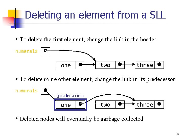 Deleting an element from a SLL • To delete the first element, change the