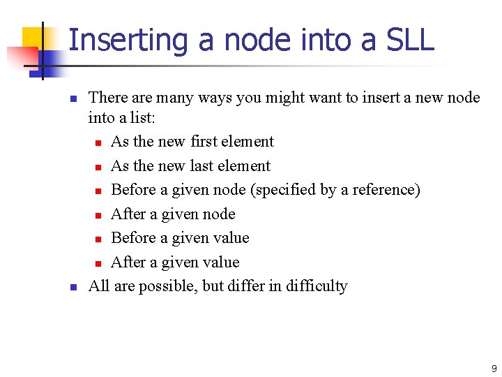 Inserting a node into a SLL n n There are many ways you might