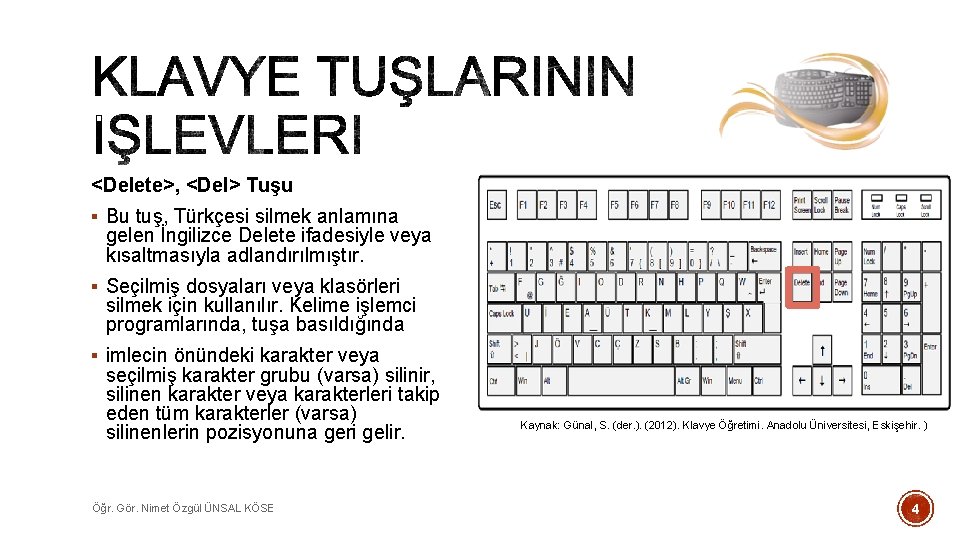 <Delete>, <Del> Tuşu § Bu tuş, Türkçesi silmek anlamına gelen İngilizce Delete ifadesiyle veya