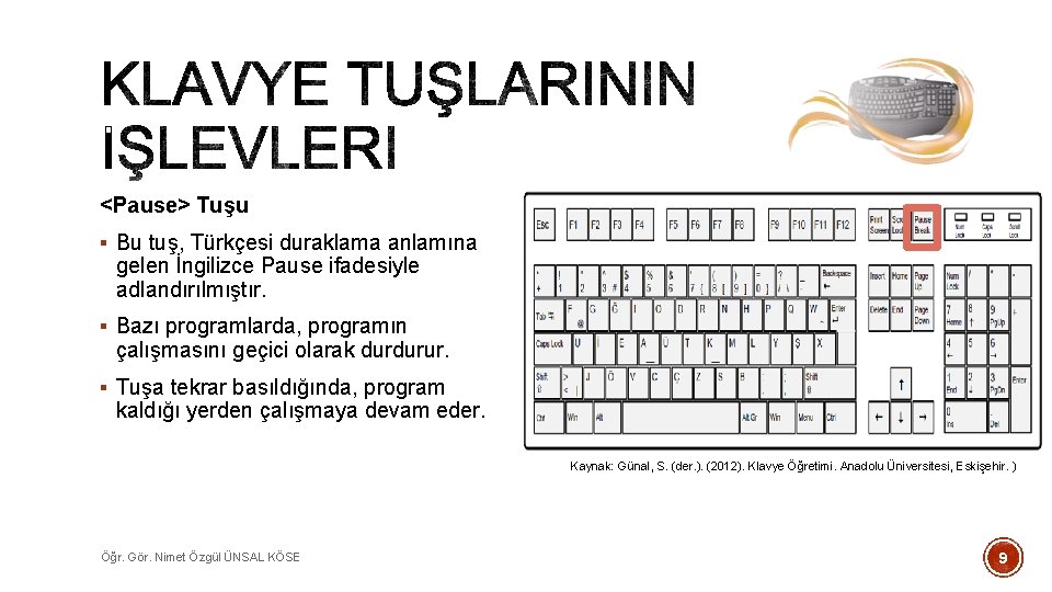 <Pause> Tuşu § Bu tuş, Türkçesi duraklama anlamına gelen İngilizce Pause ifadesiyle adlandırılmıştır. §