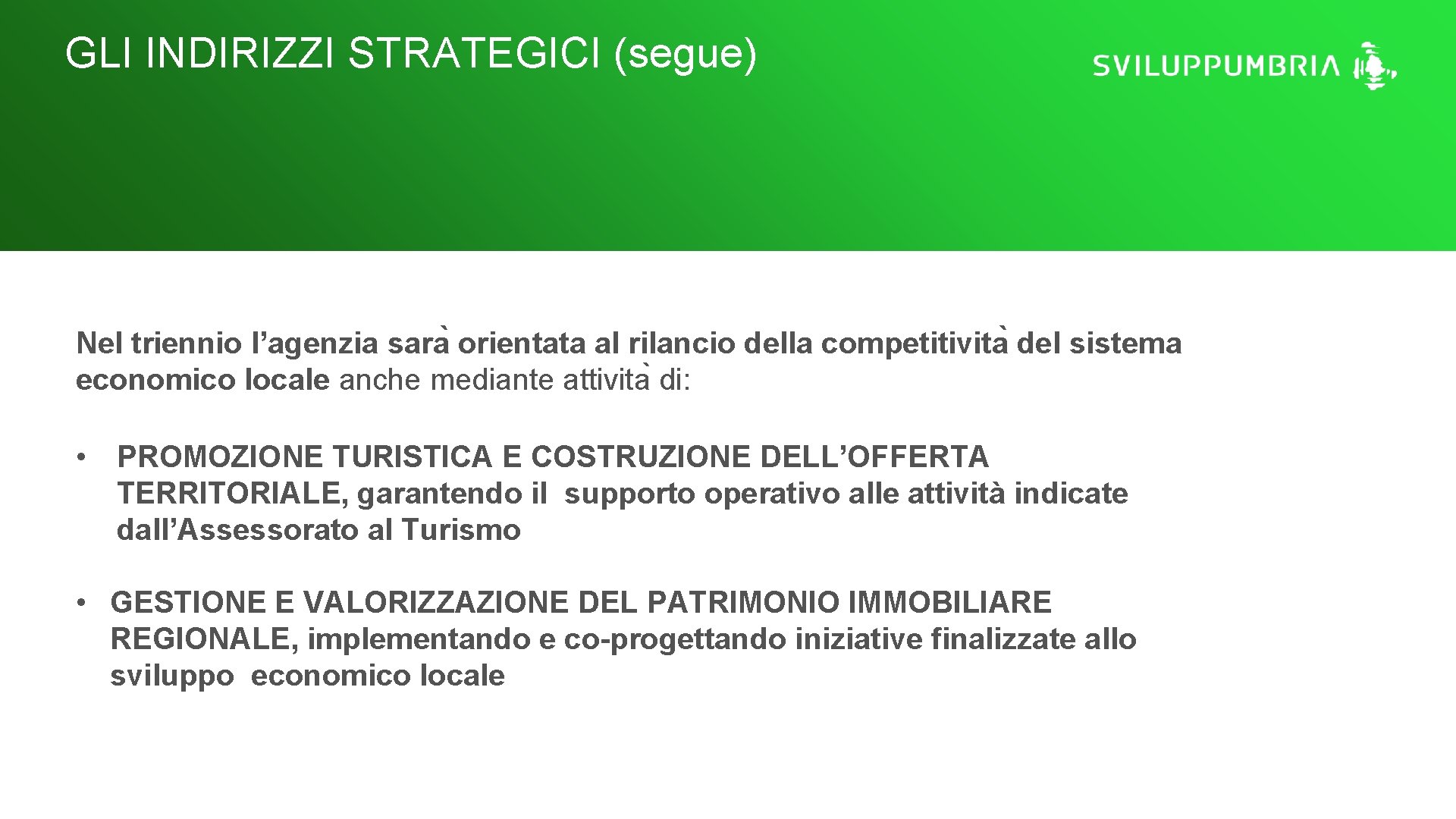 GLI INDIRIZZI STRATEGICI (segue) Nel triennio l’agenzia sara orientata al rilancio della competitivita del