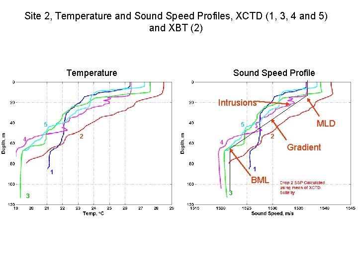 Site 2, Temperature and Sound Speed Profiles, XCTD (1, 3, 4 and 5) and