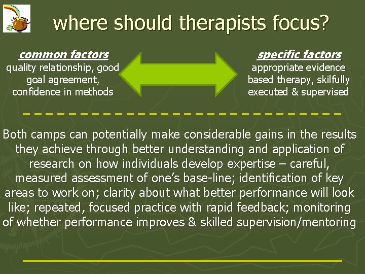 where should therapists focus? common factors quality relationship, good goal agreement, confidence in methods
