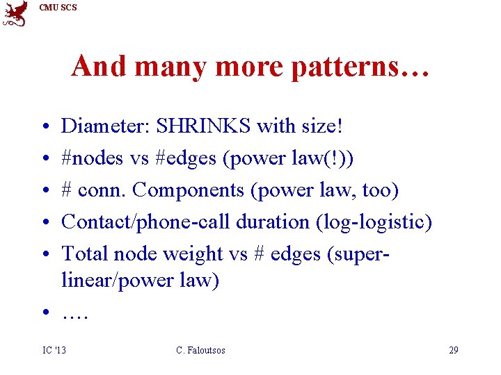 CMU SCS And many more patterns… • • • Diameter: SHRINKS with size! #nodes