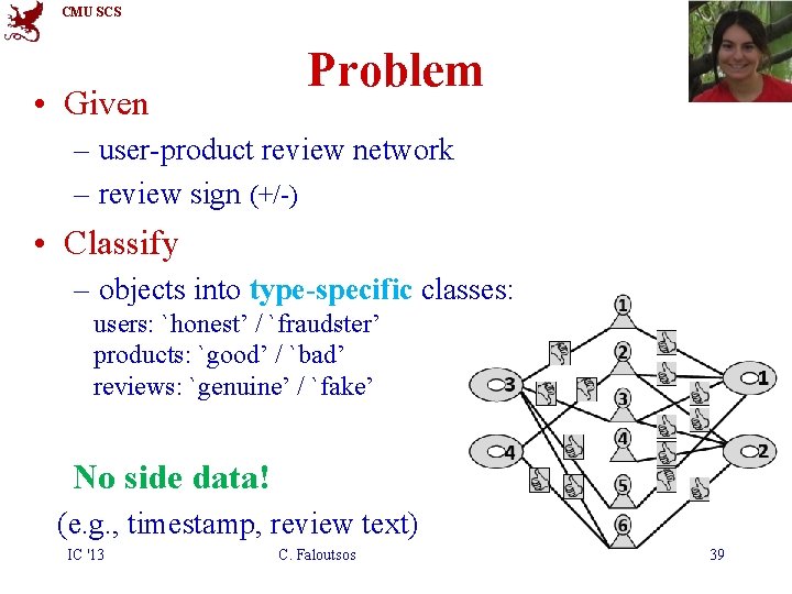 CMU SCS • Given Problem – user-product review network – review sign (+/-) •