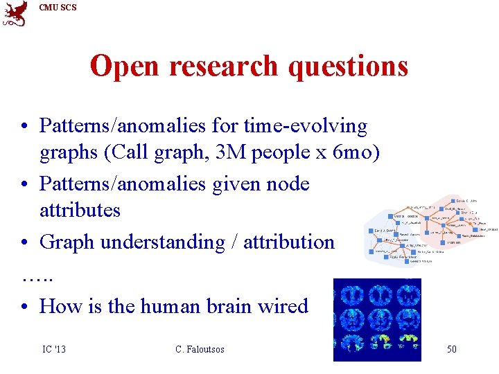 CMU SCS Open research questions • Patterns/anomalies for time-evolving graphs (Call graph, 3 M