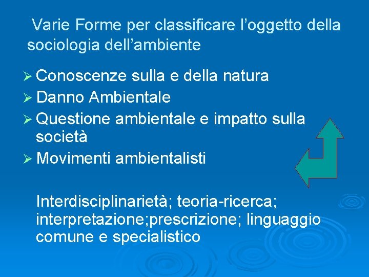 Varie Forme per classificare l’oggetto della sociologia dell’ambiente Ø Conoscenze sulla e della natura Varie Forme per classificare l’oggetto della sociologia dell’ambiente Ø Conoscenze sulla e della natura