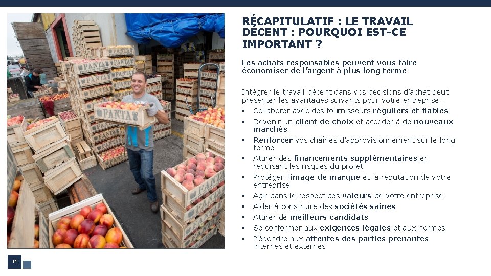 RÉCAPITULATIF : LE TRAVAIL DÉCENT : POURQUOI EST-CE IMPORTANT ? Les achats responsables peuvent