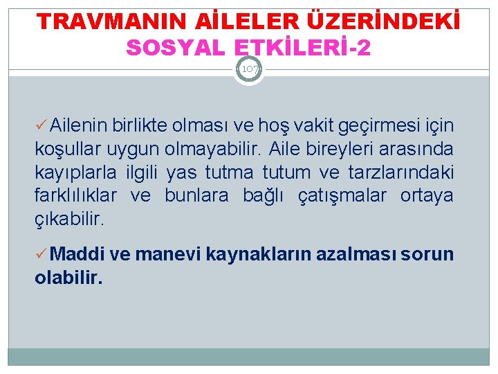 TRAVMANIN AİLELER ÜZERİNDEKİ SOSYAL ETKİLERİ-2 107 ü Ailenin birlikte olması ve hoş vakit geçirmesi