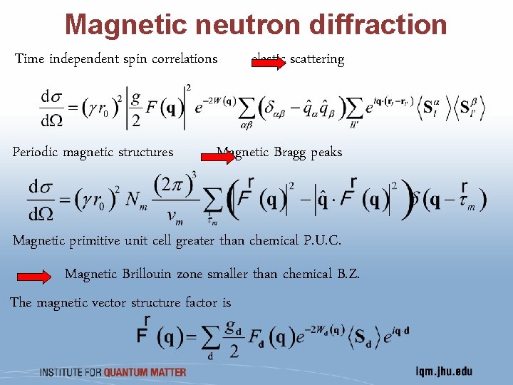 Magnetic neutron diffraction Time independent spin correlations Periodic magnetic structures elastic scattering Magnetic Bragg