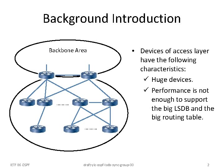 Background Introduction Backbone Area ……… • Devices of access layer have the following characteristics: