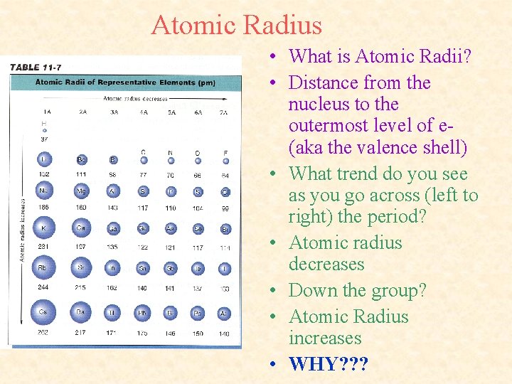 Atomic Radius • What is Atomic Radii? • Distance from the nucleus to the