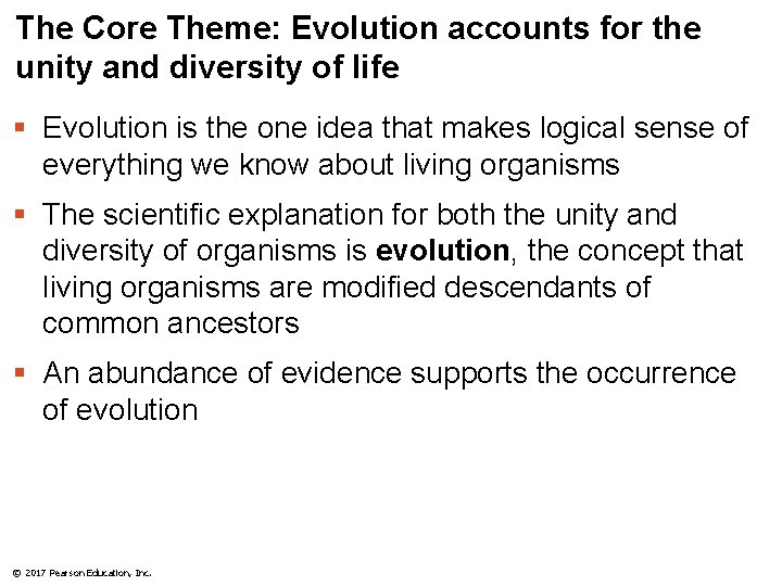 The Core Theme: Evolution accounts for the unity and diversity of life § Evolution