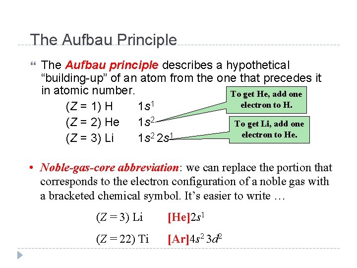 The Aufbau Principle The Aufbau principle describes a hypothetical “building-up” of an atom from