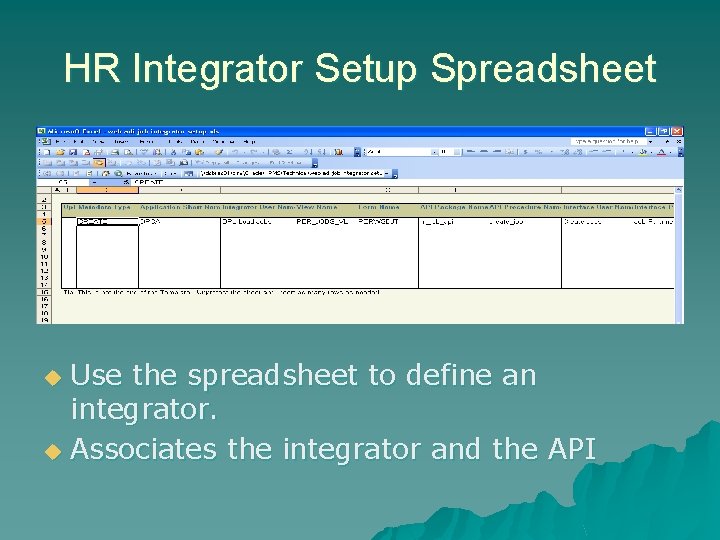 HR Integrator Setup Spreadsheet Use the spreadsheet to define an integrator. u Associates the