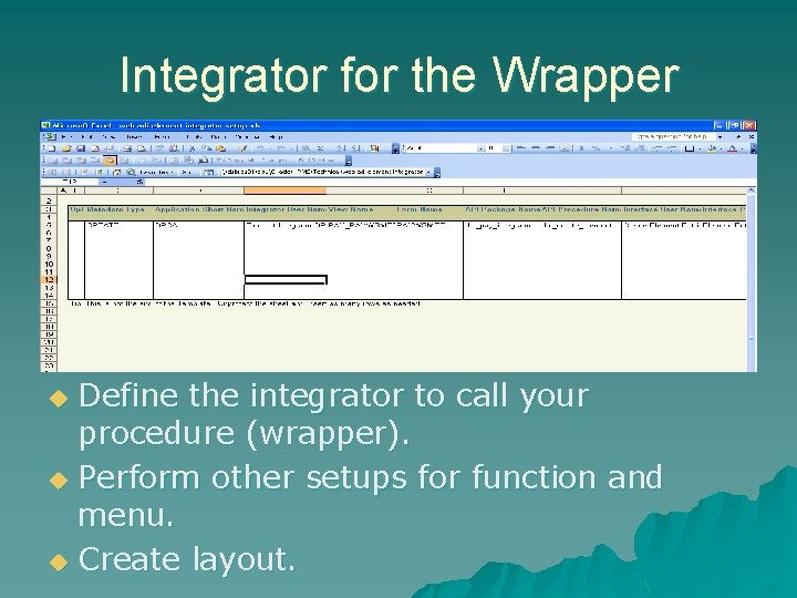 Integrator for the Wrapper Define the integrator to call your procedure (wrapper). u Perform