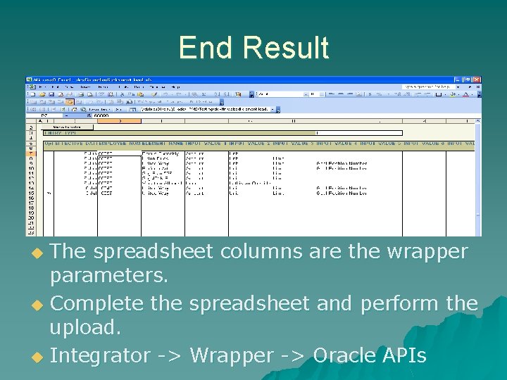 End Result The spreadsheet columns are the wrapper parameters. u Complete the spreadsheet and
