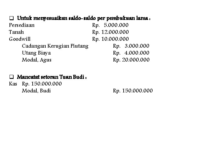 q Untuk menyesuaikan saldo-saldo per pembukuan lama : Persediaan Rp. 5. 000 Tanah Rp.