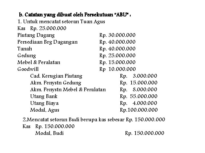 b. Catatan yang dibuat oleh Persekutuan “ABU” : 1. Untuk mencatat setoran Tuan Agus