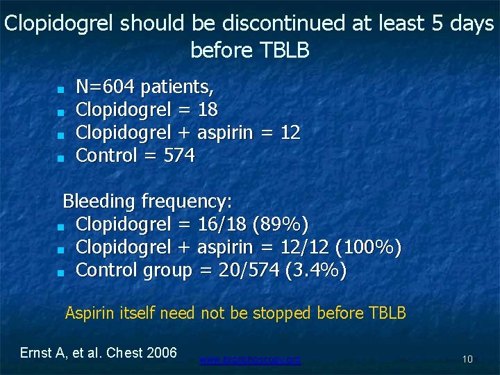 Clopidogrel should be discontinued at least 5 days before TBLB ■ ■ N=604 patients,