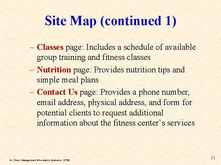 Site Map (continued 1) – Classes page: Includes a schedule of available group training
