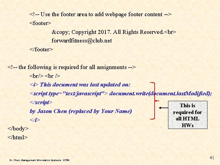 <!-- Use the footer area to add webpage footer content --> <footer> © Copyright