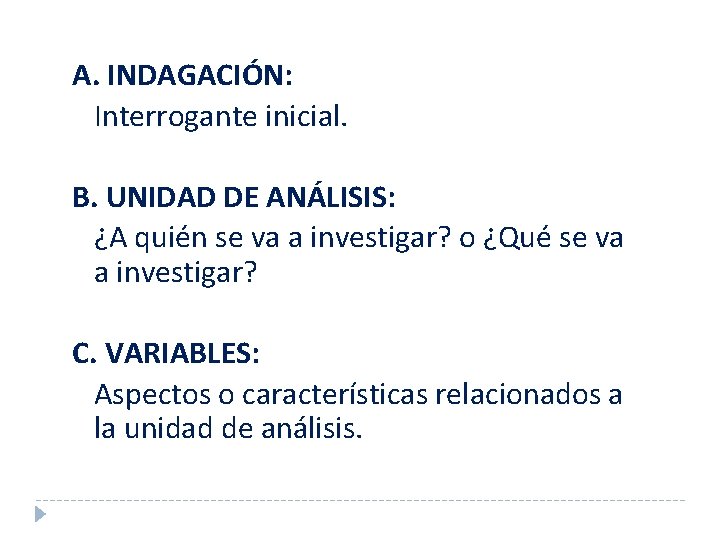 A. INDAGACIÓN: Interrogante inicial. B. UNIDAD DE ANÁLISIS: ¿A quién se va a investigar?