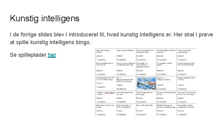 Kunstig intelligens I de forrige slides blev I introduceret til, hvad kunstig intelligens er.