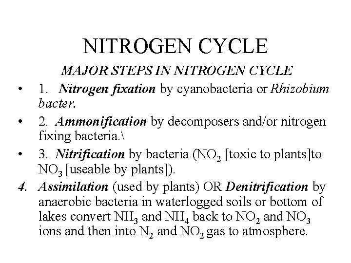 NITROGEN CYCLE MAJOR STEPS IN NITROGEN CYCLE • 1. Nitrogen fixation by cyanobacteria or