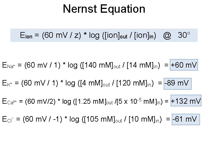 Nernst Equation Eion = (60 m. V / z) * log ([ion]out / [ion]in)