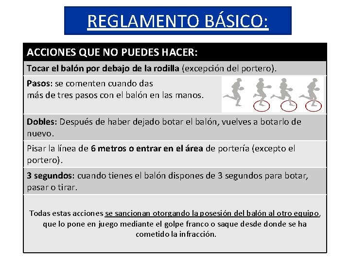 REGLAMENTO BÁSICO: ACCIONES QUE NO PUEDES HACER: Tocar el balón por debajo de la